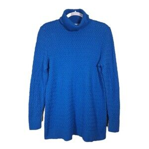 Lands End Sweater Fisherman Turtleneck Womens Large Cable Knit Royal Blue Cotton